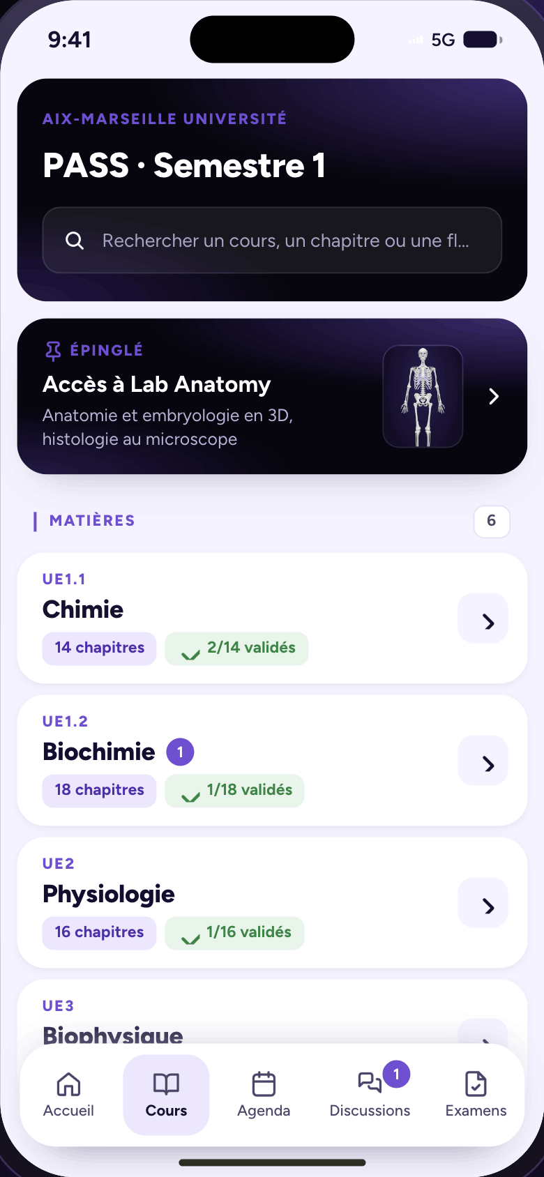 Application Medibox Lab — cours par UE
