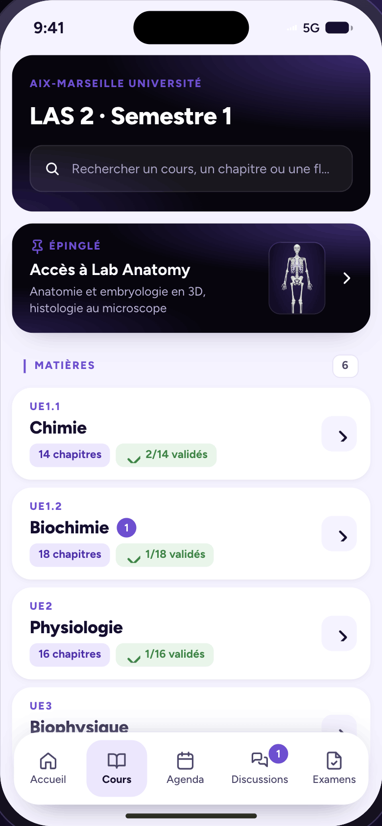 Application Medibox Lab — cours par UE
